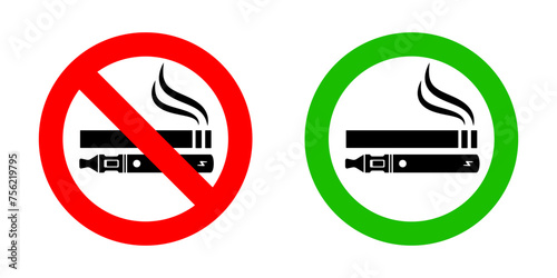 No smoking no vaping and smoking area sign set. Forbidden sign icon isolated on white background vector illustration. Cigarette, vape in prohibition circle and green allowed area.