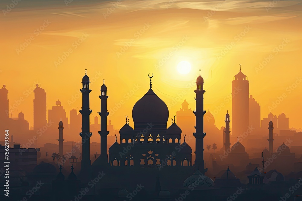 Silhouette Church of Islam and the city , religion concept - generative ai