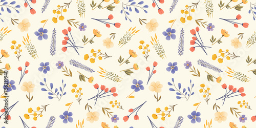 Trendy Wild Meadow florals in bright colors. Flower illustration fashion seamless pattern. Vector design for fabric, textile, wallpaper, cover, web , wrapping and prints. Spring and summer season