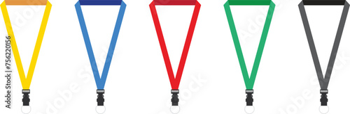 Set of lanyards in multi colour, use for mockup design or pesentation, yellow, blue, red, green and black lanyard isolated in white background photo