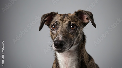 Primer plano de perro de raza galgo sobre fondo gris photo
