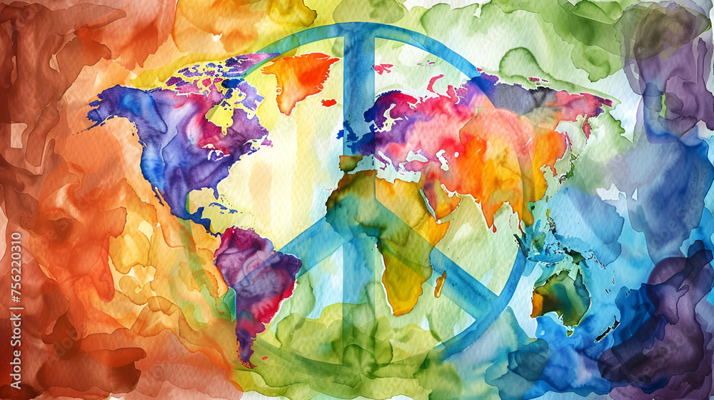 Watercolor Painting Peace Symbol Superimposed on a World Map