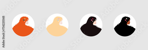 Women of different races. Profile silhouettes of female characters with various skin colors and hair. Set of Round Female Avatars. Feminism movement concept