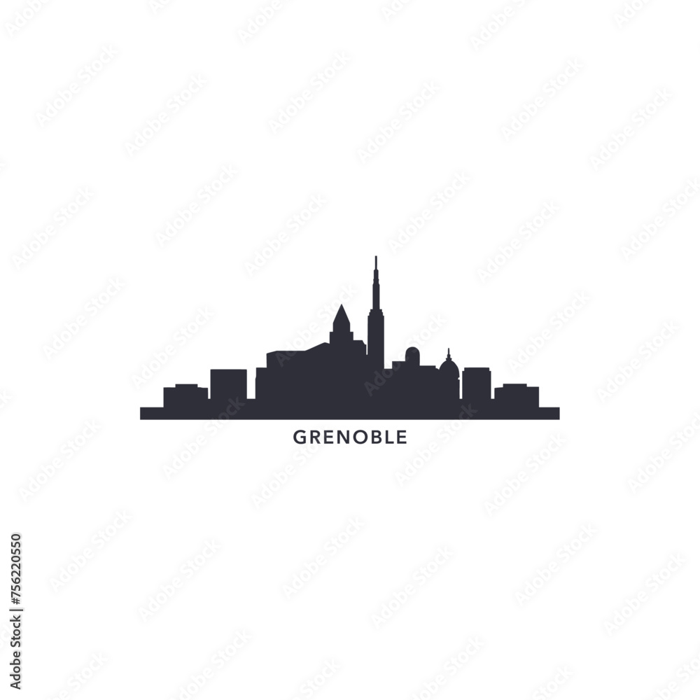 Grenoble cityscape skyline city panorama vector flat modern logo icon. France Alpes town emblem idea with landmarks and building silhouettes. Isolated graphic
