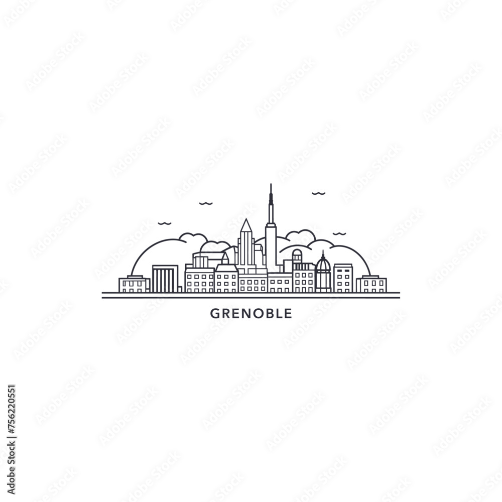 Grenoble cityscape skyline city panorama vector flat modern logo icon. France Alpes town emblem idea with landmarks and building silhouettes. Isolated graphic