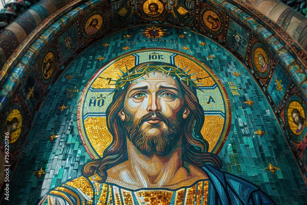 A powerful mosaic image of Christ in the central dome of the temple
