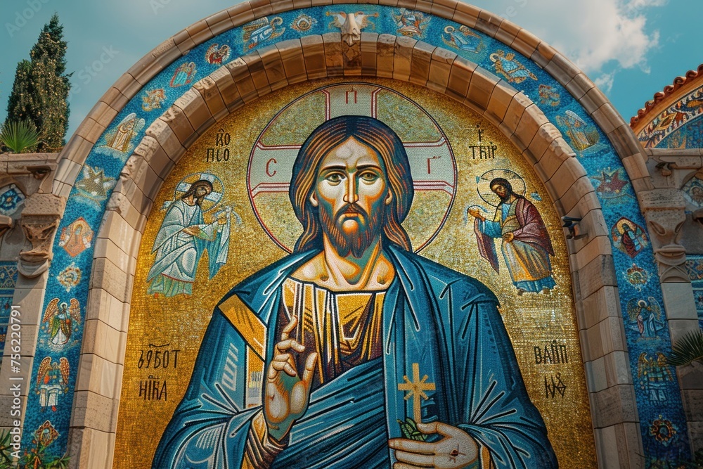 A powerful mosaic image of Christ in the central dome of the temple