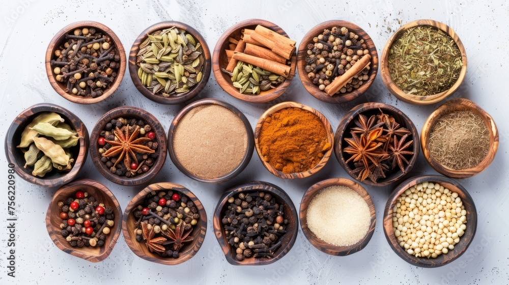 Variety of Indian chai spices. Top view close-up banner