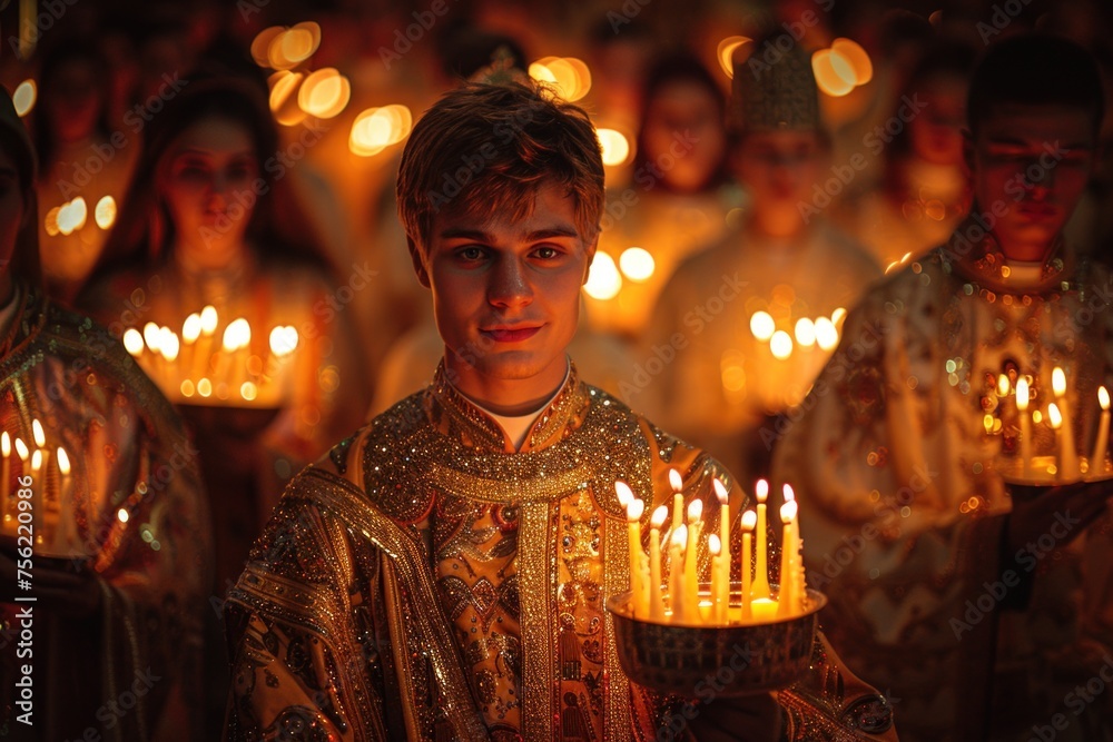 Spiritual rite of Easter: believers with candles and Easter cakes at the festive service Spiritual rite of Easter: believers with candles and Easter cakes at the festive service