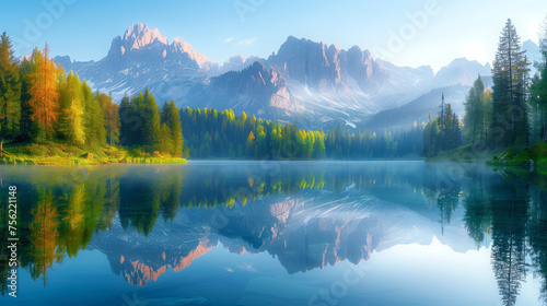 The first light of sunrise sets the majestic mountains aglow  perfectly mirrored in the still  clear waters of the lake below.