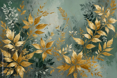 A painting of leaves with gold accents