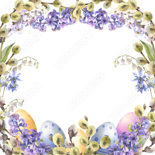 Watercolor Spring flowers - hyacinth, willow branches, leaves and colorful eggs. Floral card, square frame. Watercolor for Easter design.
