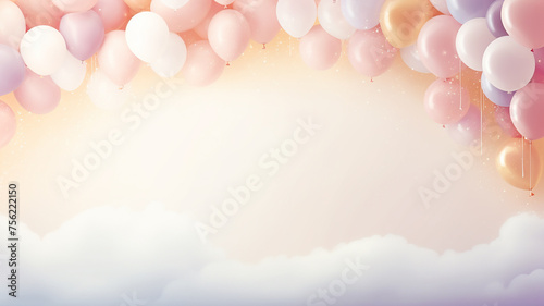 Colorful balloons, watercolor-style holiday greeting card background in pastel colors