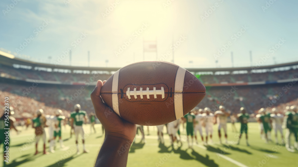 American football ball in player's hands. American football ball in player's hands.