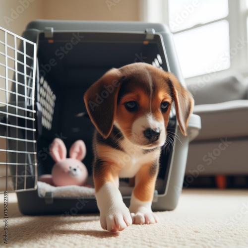 New puppy arrives to new home in pet carrier 