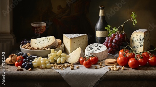 Rustic mediterranean still life with olives, cheese, and vegetables on wooden table