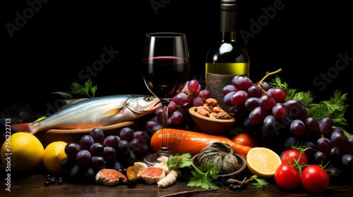 Classic dutch still life painting with wine and fresh fruits for purchase on stock photo platform