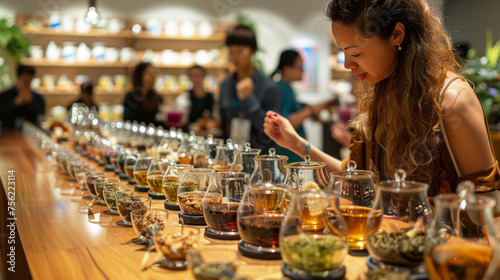 Tea Tasting Event with Variety of Brews and Leaves.