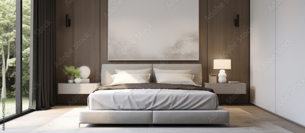 Fototapeta premium Bedroom Design with Mock up Picture Frame.