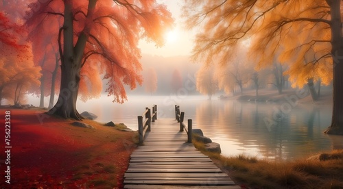 A landscape of autumn nature. The lake bridge located in the fall woodland. The gold woodland path. romantic scenario with a vista. Enchanted foggy pond at dusk. Park with red colored tree leaves. Sun