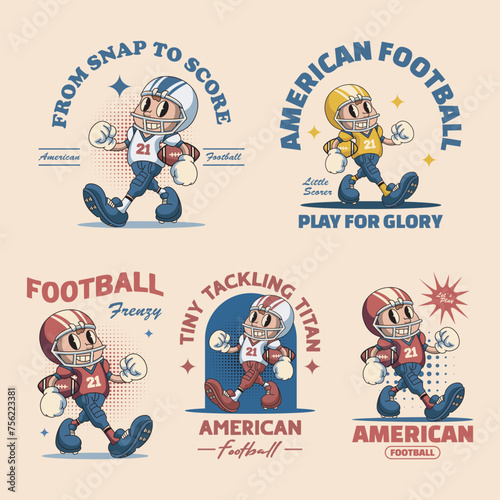 Collection of Cute Boy American Football Player Sport Retro Mascot Character Cartoon Design Illustration Set