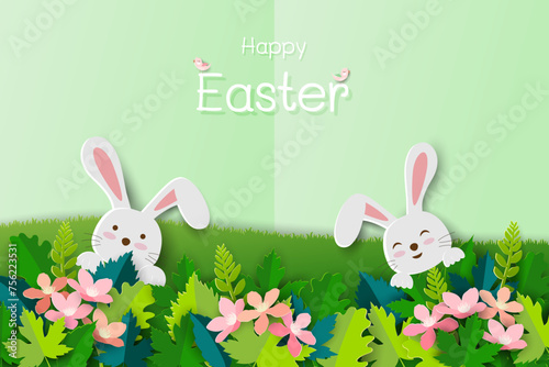 Easter's day greeting card with cute rabbits on beautiful garden,paper cut and craft style