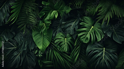 Close-up Dark Background  Texture of Green Leaves of Monstera  Palm  Coconut  Banana Leaf in Nature. Rainforest  Tropics  jungle.