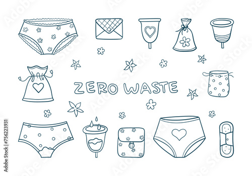 Various reusable feminine care products, eco-friendly women's menstrual cycle protection items in line sketch. Set of hand drawn feminine menstrual hygiene icons. Isolated outline vector illustration