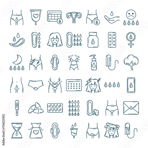 Set of outline menstruation period items. Various feminine hygiene products, menstrual protection elements. Tampons, reusable pads, panties, icons of emotional mood. Isolated flat vector illustration