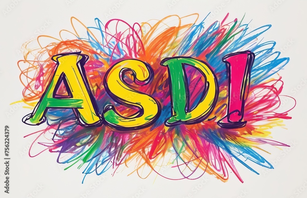 Bright abbreviation ASD in chaotic crayon drawing style made by scribbles - obrazy, fototapety, plakaty 