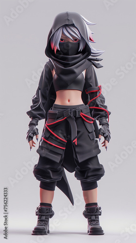 Stylized Ninja Female Character with Silver Hair and Black Outfit