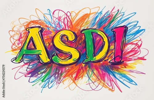 Bright abbreviation ASD in chaotic crayon drawing style made by scribbles photo