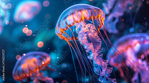 colorful neon transparent jelly fish underwater © The Thee Studio