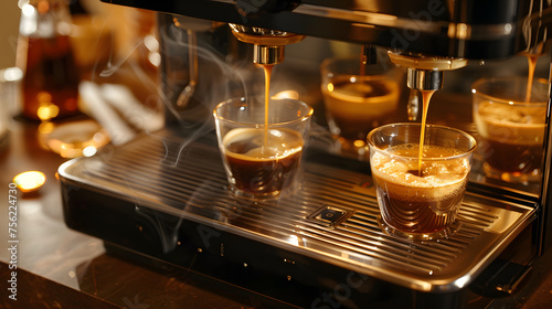 Two cups of coffee being poured into a coffee machine, preparing a delicious liquid drink to kickstart the day