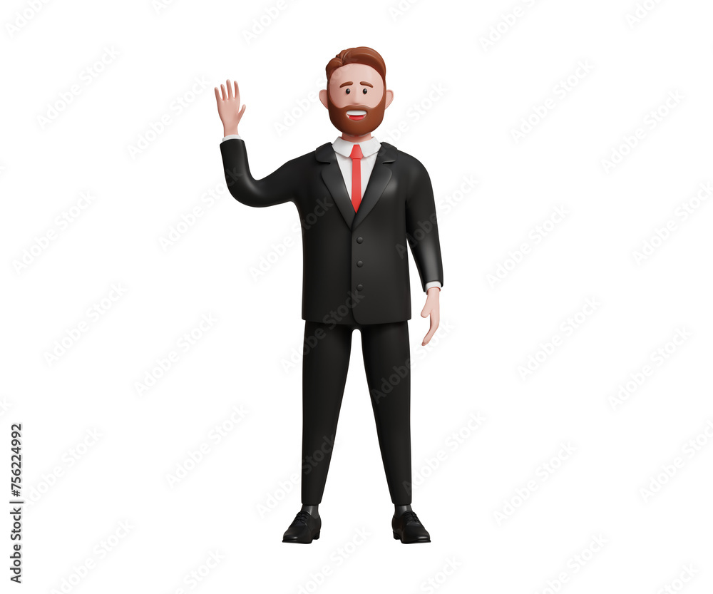 3D confident businessman greeting or saying hello. Entrepreneur, friendly, leader, team worker concept. Smiling businessman in balck suit waving hand. 3D happy businessman. 3d illustration 3D confident businessman greeting or saying hello. Entrepreneur, friendly, leader, team worker concept. Smiling businessman in balck suit waving hand. 3D happy businessman. 3d illustration