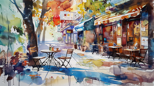 water color painting style of beautiful coffee shop on the street, homie café