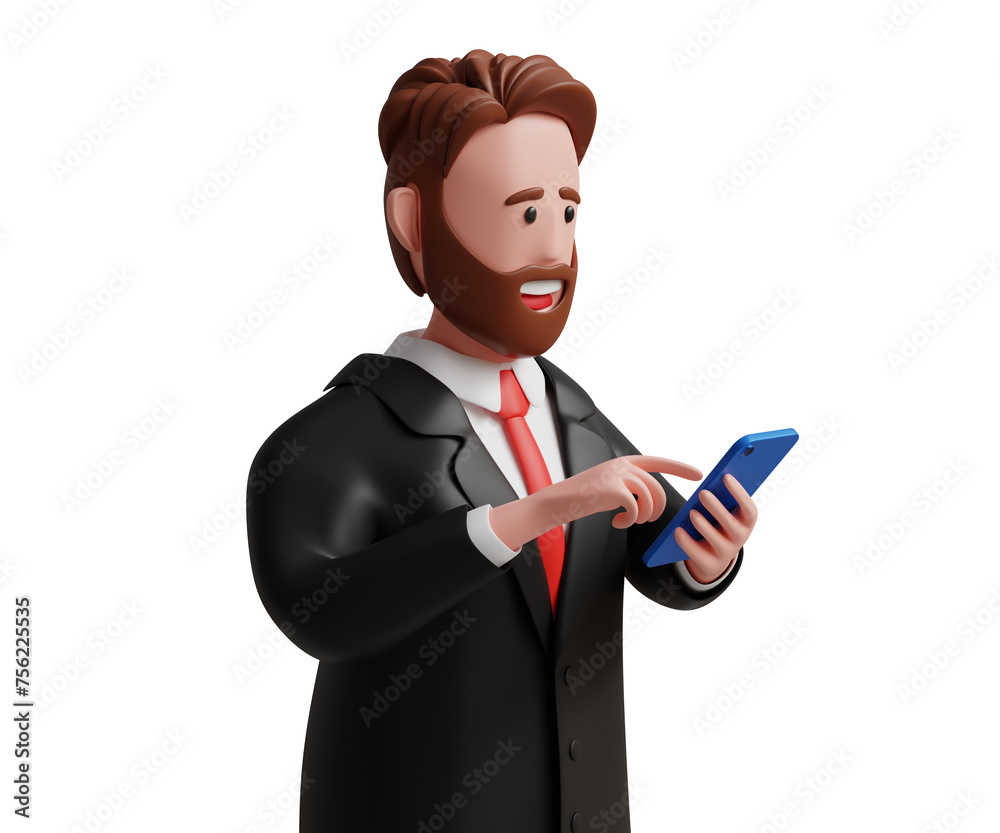 3D businessman using smartphone. Client management, mobile trading, working online, searching, freelancer, investor, talking or typing, communication, social networking concept. 3d illustration
