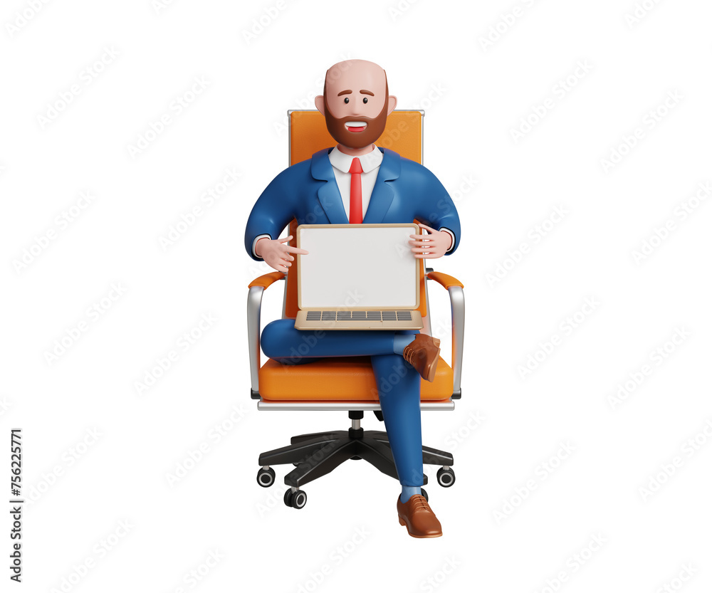 3D adult businessman pointing finger on blank laptop screen. Entrepreneur, CEO, leadership, presentation, online education, best selling. 3D businessman working in office sitting in roller armchair 3D adult businessman pointing finger on blank laptop screen. Entrepreneur, CEO, leadership, presentation, online education, best selling. 3D businessman working in office sitting in roller armchair
