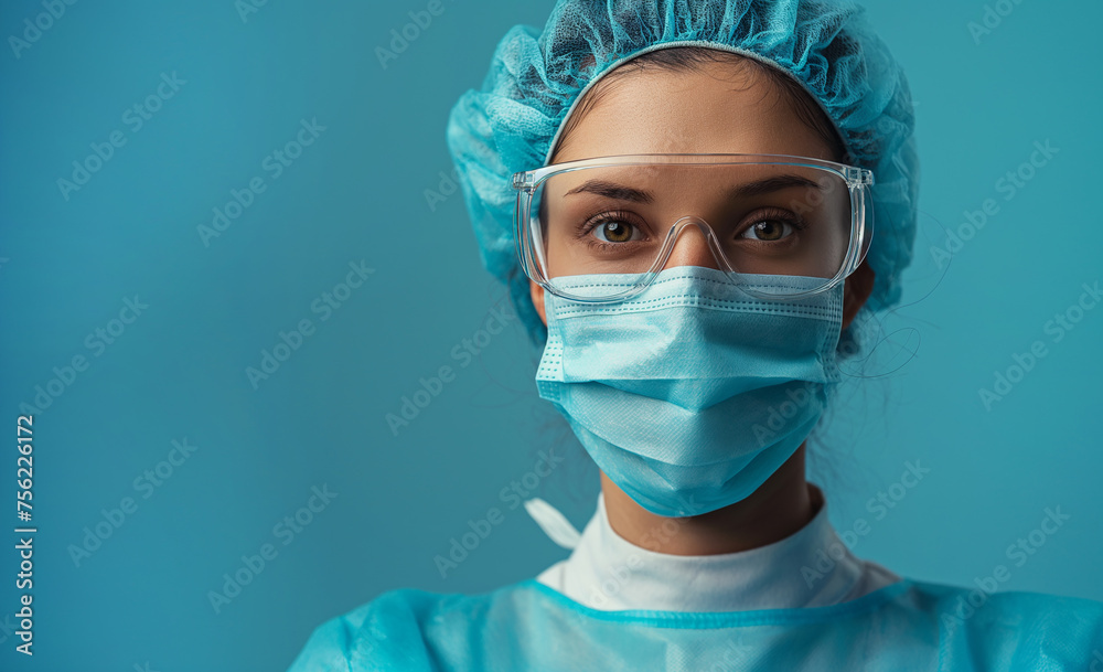 A portrait of surgeon in mask standing in front of the tranquil blue empty background A portrait of surgeon in mask standing in front of the tranquil blue empty background