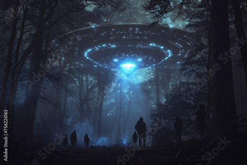 UFO Sighting in the Woods A Group of People Experience the Mystery Generative AI photo