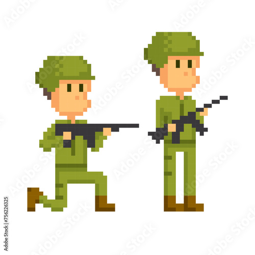 Two soldiers with assault rifles. Pixel art. 8 bit video game. 8-bit sprite. isolated vector illustration. Design for stickers  logo  embroidery  mobile app.