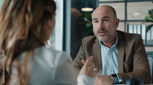 An ultra-high-definition image of a business executive conducting a performance review with an employee in a private office setting, providing feedback and guidance for professional development.