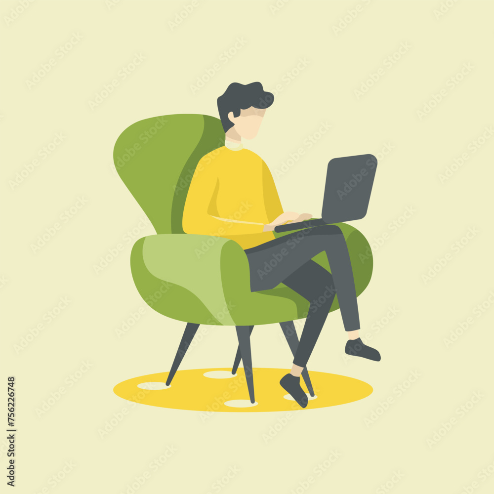 Flat Illustration Character of a Cheerful Man Working on Laptop Flat Illustration Character of a Cheerful Man Working on Laptop