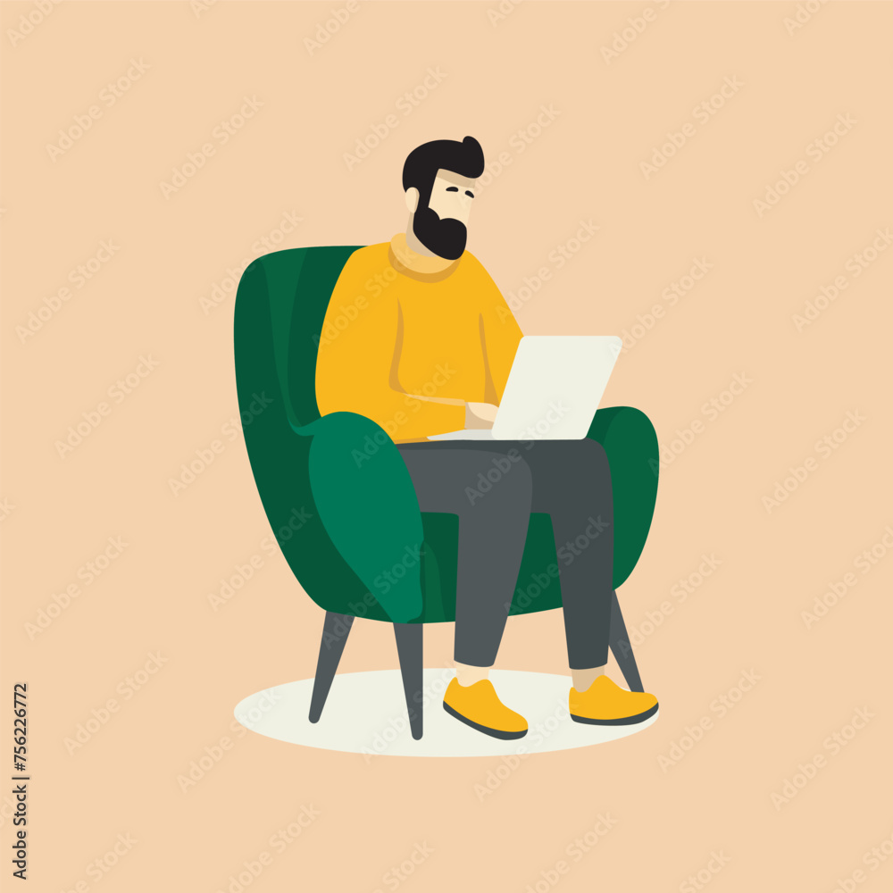 Flat Illustration Character of a Cheerful Man Working on Laptop Flat Illustration Character of a Cheerful Man Working on Laptop