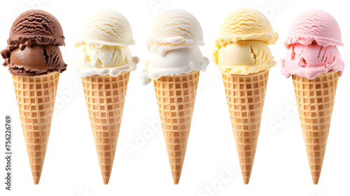 Collection of ice cream cones isolated on transparent background