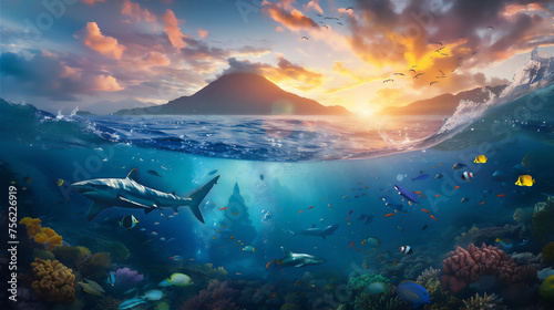 shark and colorful fishes in under water sea reef with sunrise sky and volcano mountain background above it