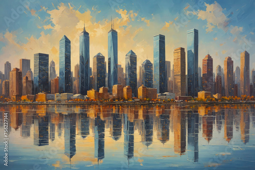 A painting of a city skyline with a large body of water in the background