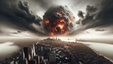 Artistic concept illustration of a dystopian city with fiery asteroid meteorite planet in background. Concept of dystopia, apocalypse, war, catastrophe, destruction, disaster, end of world, space.