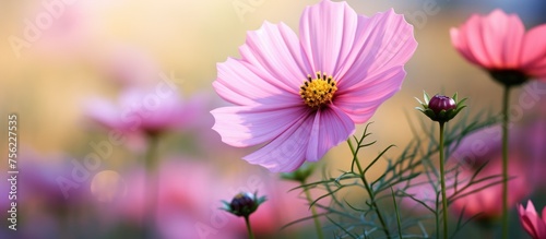 A closeup shot of a magenta flower with violet petals and a yellow center  standing tall in a field of lush green grass. The annual herbaceous plant looks stunning against the natural backdrop