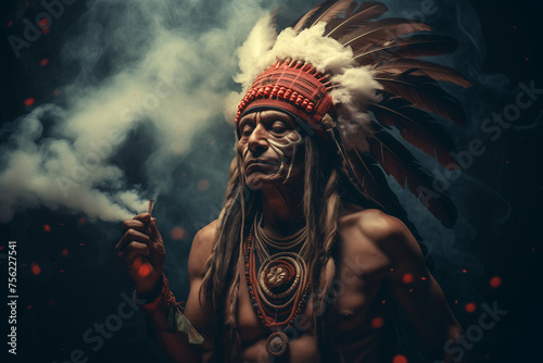 Indian shaman portrait while smoking a pipe, engulfed in smoke and spiritual mood, dark background atmosphere, vibrant colors. Ai generated